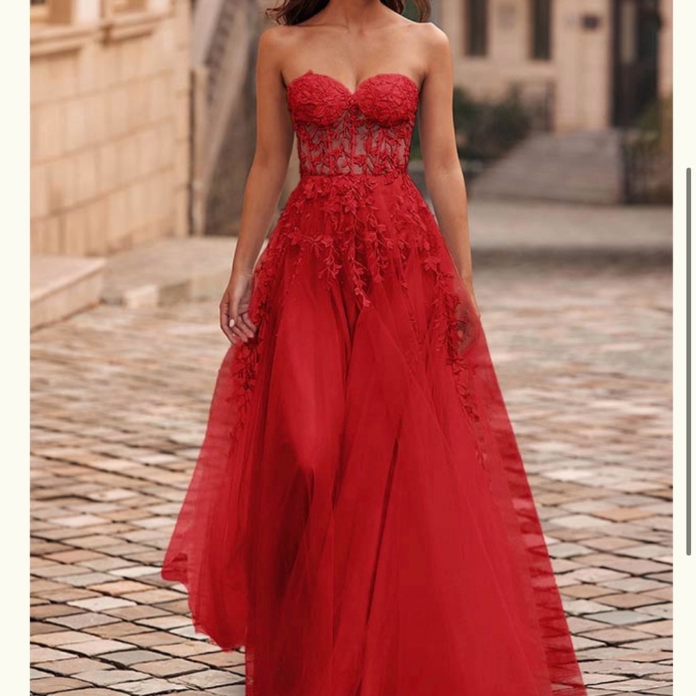 Stunning Red Strapless Lace princess prom or Sweet  16 Gown